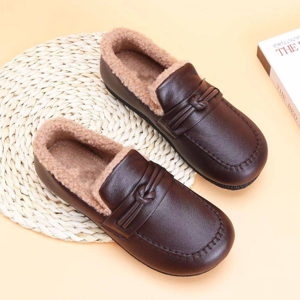 冬季加绒加厚保暖女棉鞋软底舒适妈妈鞋平底豆豆一脚蹬小皮鞋棉靴,淘宝优惠券,粉丝福利购,淘宝优惠卷