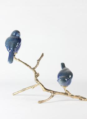 现货速发样板房h书房装饰品金属陶瓷美式客厅玄关树枝鸟玄关新中