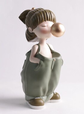 北欧简约卡通风j穿牛仔裤男孩女孩吹气球雕塑抬头少女家居装饰摆