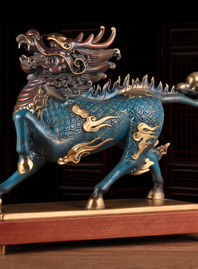 大号铜麒麟摆件一对纯铜招财家居摆设客厅玄关酒柜办公.室桌装饰