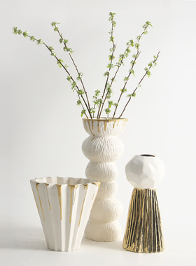 现代简约陶瓷花瓶摆件新中式样板间酒G店民宿客厅玄关黑白鎏金花