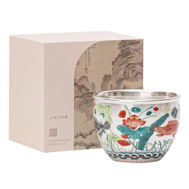 鱼藻纹鎏a银缸杯大容量主人杯茶杯家用功夫茶具中式个人杯礼盒装,淘宝优惠券,粉丝福利购,淘宝优惠卷