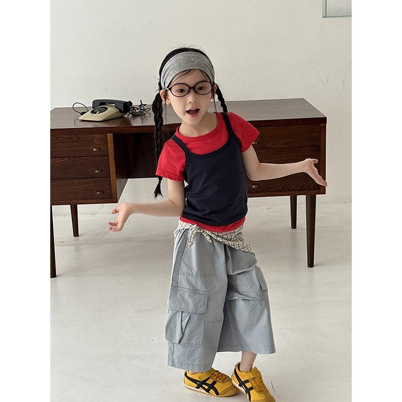 新款女童韩版设计感叠穿撞色可拆分短袖T恤儿童宽松休闲吊带背心,淘宝优惠券,粉丝福利购,淘宝优惠卷