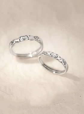 小猫小狗情侣对戒小众设计款女男