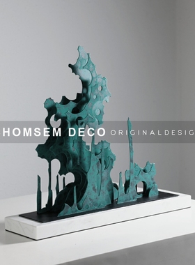 新中式铁片意境假山摆件样品屋展示中心大厅博古架软装S饰书房桌