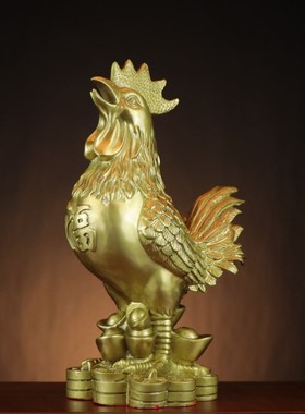 纯铜大公鸡金色鸡形报晓生财y摆件小铜鸡金属生肖鸡招财摆设黄铜