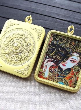 爆款方形手绘描金扎基拉姆前世今生唐卡吊坠五爷绿度母藏式金色唐