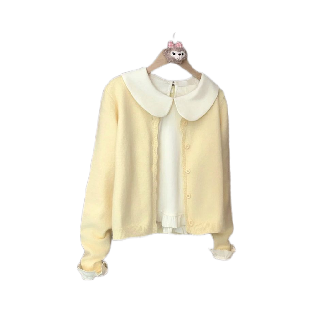芝士奶酪 早秋韩系温柔甜美娃娃领长袖上衣+黄色针织开衫两件套装 - 图2