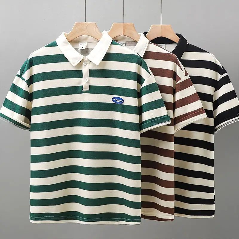 2023 summer new fashion retro striped  shirt sreet men and w - 图2