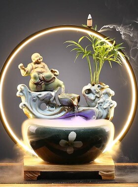 极速l创意中式流水摆风水招件喷泉加湿客厅办业公U室桌面鱼缸开送