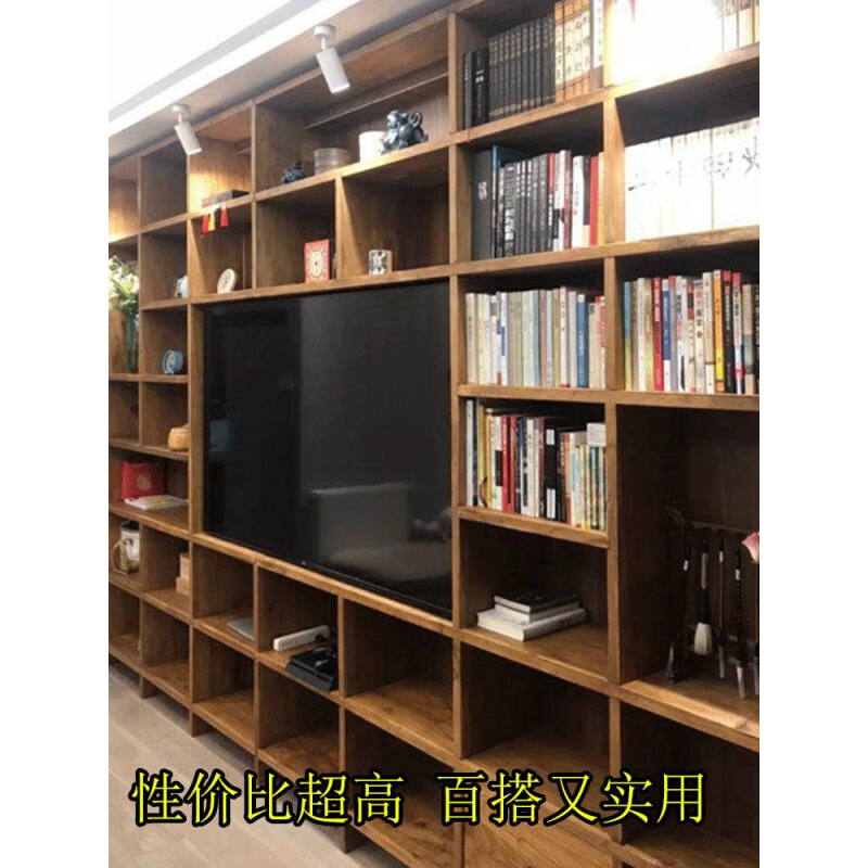 定制拼接经济型老榆木书架满墙定做实木书柜格子架整墙落地置物架-图1