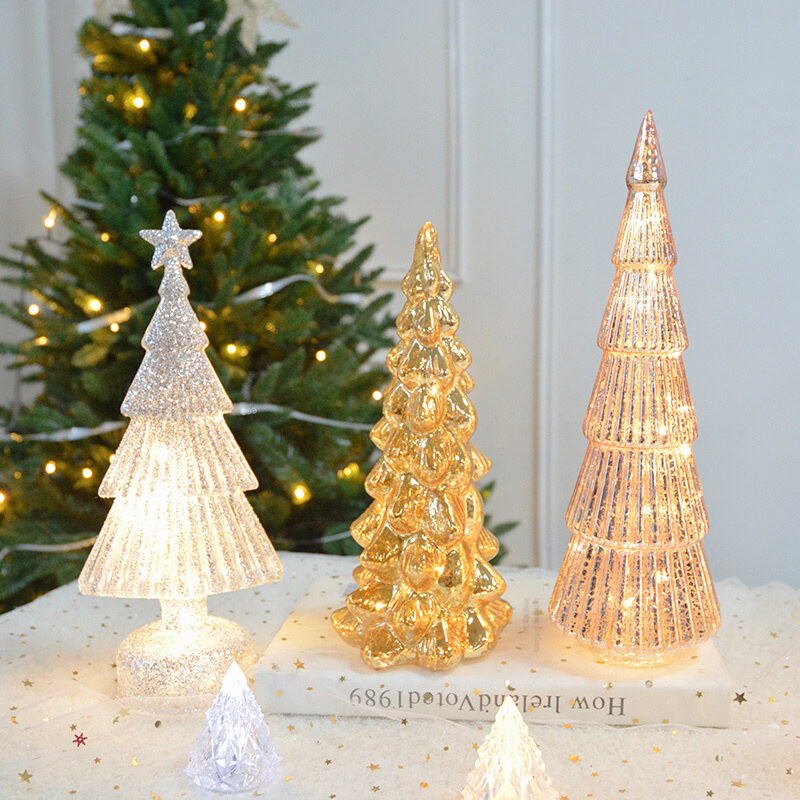 圣诞发光灯树ins复古彩绘玻璃圣诞树造型星星亮片带灯许愿树摆件 - 图1