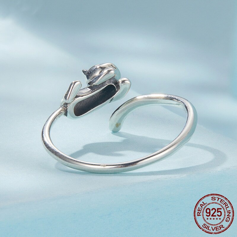 Lazy cat open ring s925 sterling silver versatile adjustable animal ring jewelry accessories for women
