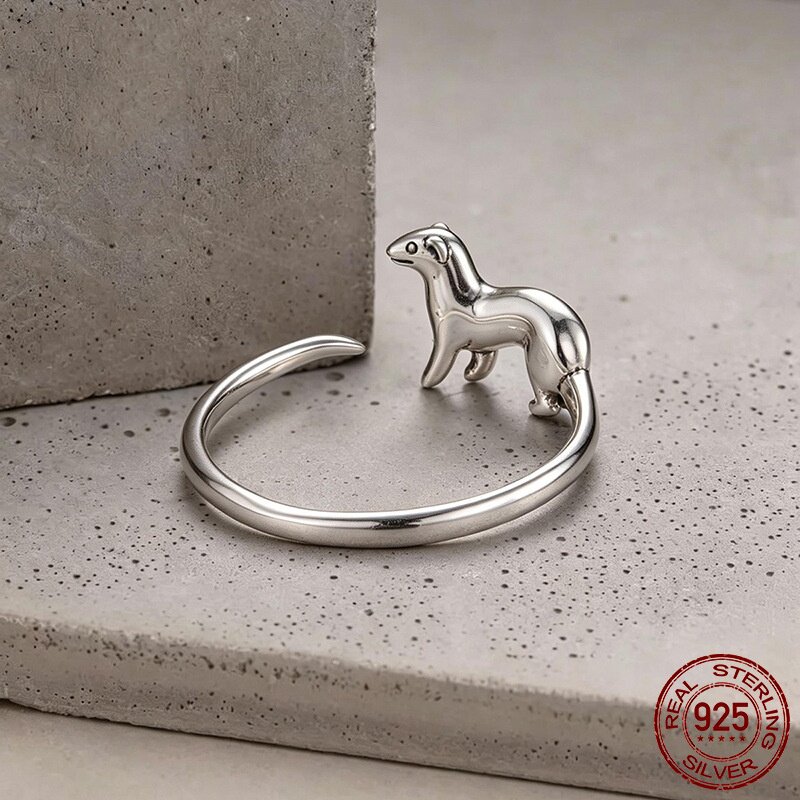 Original s925 sterling silver snow leopard open ring cute soft animal all-over silver ring