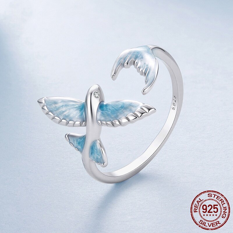 Original blue smart flying fish open ring s925 sterling silver platinum plated personalized animal adjustable ring