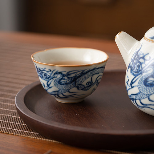 汝窑青龙纹花口杯单杯家用待客品茗杯陶瓷功夫茶具开片可养主人杯 - 图0