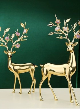 高档紫水晶鹿摆j件珐琅彩黄铜鹿客厅玄关办公室高级感软装饰品摆