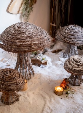 极速掬涵木质蘑菇落地摆s件庭院装饰品样板房会所复古艺术品摆设