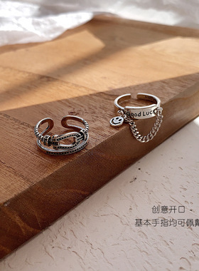 极速纯银戒指男女情侣时尚个性ins潮小众设计冷淡风W复古蹦迪笑脸