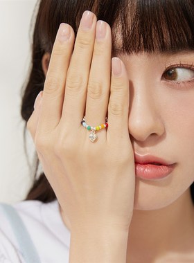 极速韩版时尚彩虹串珠n银戒指女设计小众2203年彩色爱心笑脸食指