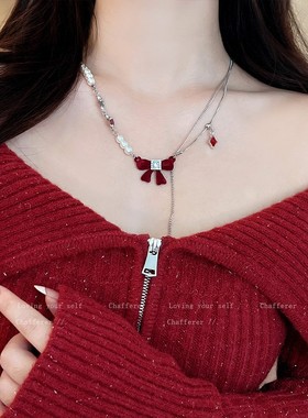 甜酷千金！氛围感植绒蝴蝶结珍珠项炼女款轻奢小众毛衣炼秋冬配饰