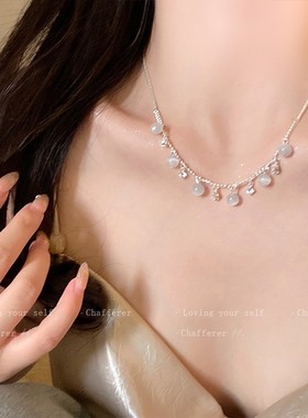 清冷氛围拿捏瞭！闪钻猫眼石流苏项炼女轻奢小众高级感锁骨炼配饰