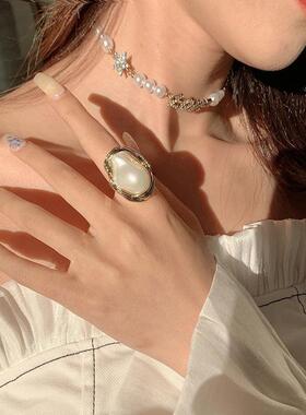 爆款金色夸张时尚开口潮不规则珍珠女ins潮冷淡风个性网红食指女