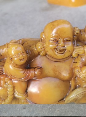 仿天然芙蓉石g老挝田黄石五子登科佛摆件小佛抱大佛抱佛石料摆设