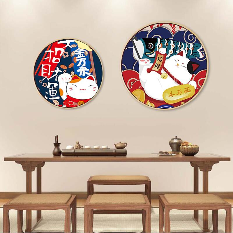 日式招财猫壁画日料餐厅圆形框挂画料理寿司店装饰画日系玄关挂画-图0