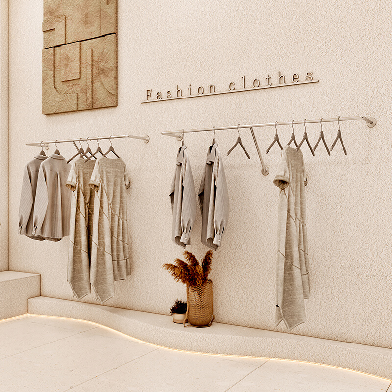 服装店展示架陈列架上墙壁挂不锈钢拉丝挂衣服架子女装店货架设计 - 图0