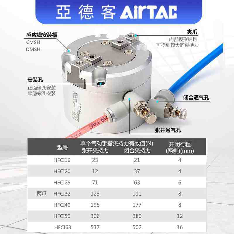 亚德客气动夹爪手指气缸HFCI16/20/25/32/40/50/63二爪三爪四爪 - 图0