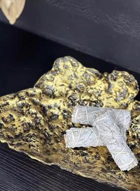 爆款奢树皮肌理金色果盘托盘摆件几何北欧样板房艺术抽象摆件摆件