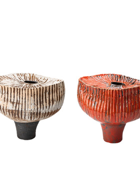 复古新中式侘寂风异形p陶瓷插花器手绘花瓶摆件样板间客厅玄关装