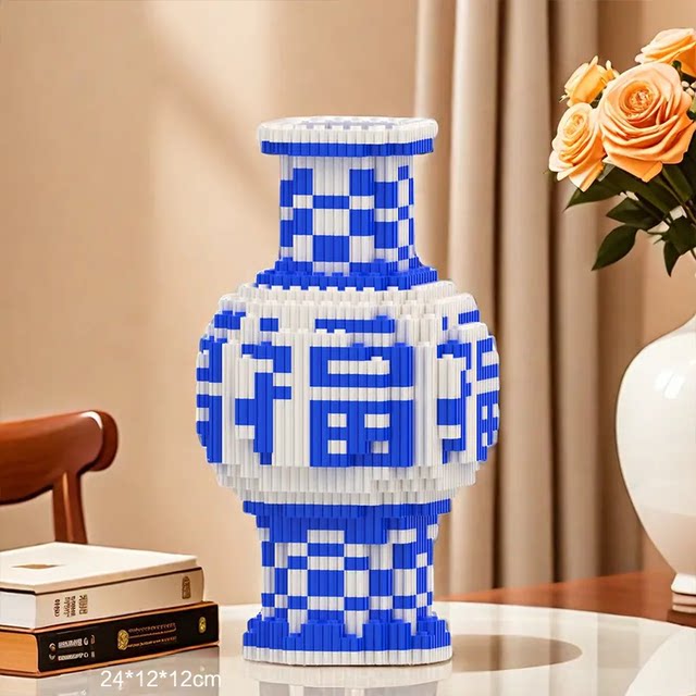 Blue and white porcelain vase building block ornaments puzzle building block toys Jingdezhen ceramic vase flower arrangement entrance decoration