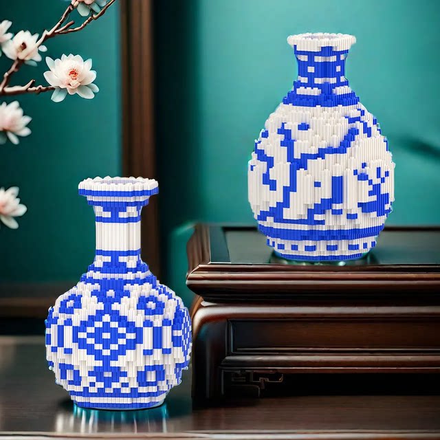 Blue and white porcelain vase building block ornaments puzzle building block toys Jingdezhen ceramic vase flower arrangement entrance decoration