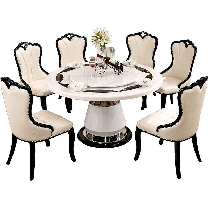 欧式大理石圆形餐桌椅组合黑白色简约现代轻奢带转盘饭桌别墅圆桌