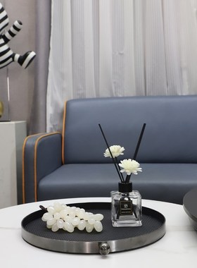 欧式创意金属皮革单点圆s珠编织纹托盘摆件客厅玄关餐厅家居装饰