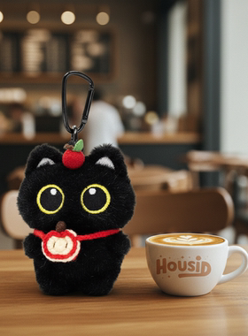 日本HOUSID正版苹果挎包大眼黑猫包包挂件呆萌毛绒玩偶钥匙扣礼物