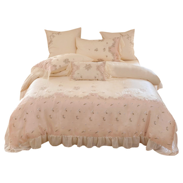 Speedy yarn embroidered lace French princess style 4-piece quilt cover sheet Q pink high-end summer bed