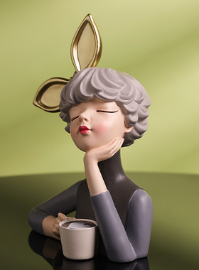 极速可爱简约时尚咖啡女孩树脂桌面工H艺品摆件客厅卧室咖啡厅装