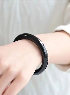 天然黑曜石宽手镯女款时尚个性简约百搭黑色手镯招财转运手镯