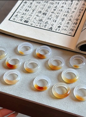 天然黄金糖一口糖玛瑙戒指女款冰种玉石指环素圈指环情侣对戒