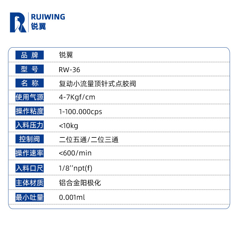 锐翼RW-36顶针式点胶阀硅胶打胶枪UV胶滴胶气动阀精密单液灌胶阀-图2