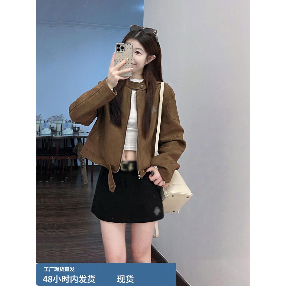 美式覆古麂皮绒外套女秋冬新款小个子休闲百搭短款飞行服夹克上衣 - 图0