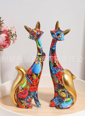 爆款水转印狐狸创意摆件热销北欧风树脂家居橱窗客厅桌面装饰工艺