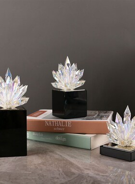 现代轻奢透明水晶莲m花桌面摆件黑色水晶底座卧室客厅家居装饰品