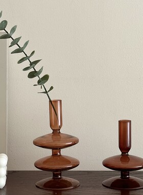 新品复古怀旧棕色玻璃花瓶tins风客厅干花插花花器烛台桌面装饰摆