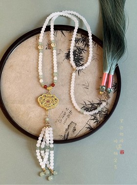 新品古风b琉璃串珠项链背云长流苏新中式复古小众马面裙汉服旗袍