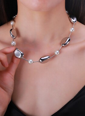 日韩小众设计感不规则金属珍珠拼接项链个性男女锁骨X链颈链配饰