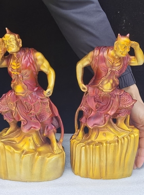 全纯铜哼哈二将门神千里s眼耳摆件左右护法铜像家居工艺品摆件